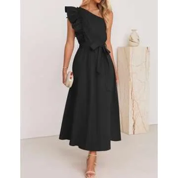 ZESICA Women's 2025 Summer One Shoulder Ruffle Dress Sleeveless Empire Waist Boho Flowy Maxi Dresses,Black,Small