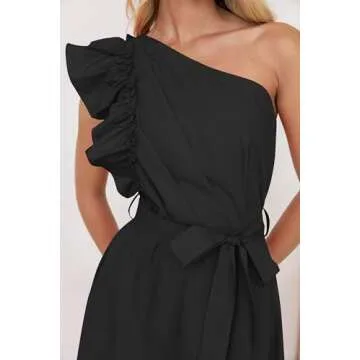 ZESICA Women's 2025 Summer One Shoulder Ruffle Dress Sleeveless Empire Waist Boho Flowy Maxi Dresses,Black,Small