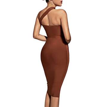 UONBOX Women's Cutout One Shoulder Bodycon Midi Dress Evening Party Club Bandage Dress Brown M