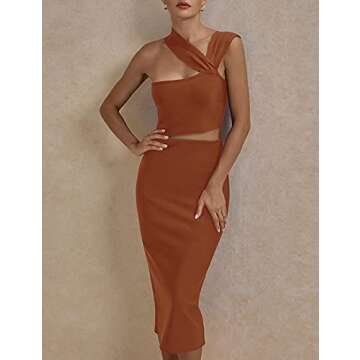 UONBOX Women's Cutout One Shoulder Bodycon Midi Dress Evening Party Club Bandage Dress Brown M