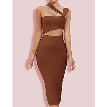 UONBOX Women's Cutout One Shoulder Bodycon Midi Dress Evening Party Club Bandage Dress Brown M