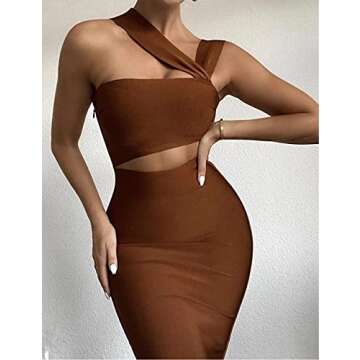UONBOX Women's Cutout One Shoulder Bodycon Midi Dress Evening Party Club Bandage Dress Brown M