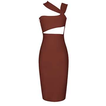 UONBOX Women's Cutout One Shoulder Bodycon Midi Dress Evening Party Club Bandage Dress Brown M