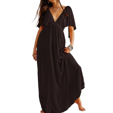 Kikibell Boho Maxi Dress Casual Dress with Sleeves Womens Sundresses Wedding Guest Dresses for Women Summer Brown XS