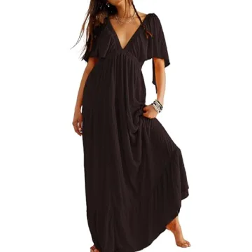 Kikibell Boho Maxi Dress Casual Dress with Sleeves Womens Sundresses Wedding Guest Dresses for Women Summer Brown XS