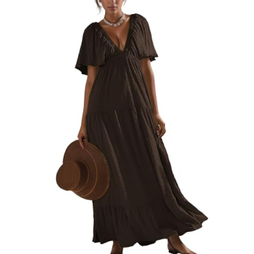 Kikibell Boho Maxi Dress Casual Dress with Sleeves Womens Sundresses Wedding Guest Dresses for Women Summer Brown XS