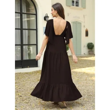 Kikibell Boho Maxi Dress Casual Dress with Sleeves Womens Sundresses Wedding Guest Dresses for Women Summer Brown XS