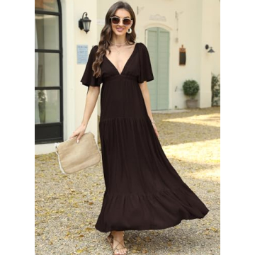 Kikibell Boho Maxi Dress Casual Dress with Sleeves Womens Sundresses Wedding Guest Dresses for Women Summer Brown XS