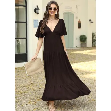 Kikibell Boho Maxi Dress Casual Dress with Sleeves Womens Sundresses Wedding Guest Dresses for Women Summer Brown XS