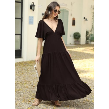 Kikibell Boho Maxi Dress Casual Dress with Sleeves Womens Sundresses Wedding Guest Dresses for Women Summer Brown XS