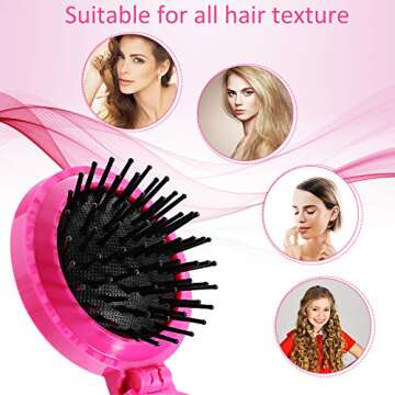 2 Pieces Travel Hair Set: Mirror, Round Compact Brush, Mini Massage Comb for Women and Girls (Purple, Rose Red)