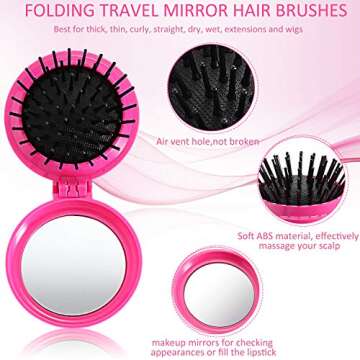 2 Pieces Travel Hair Set: Mirror, Round Compact Brush, Mini Massage Comb for Women and Girls (Purple, Rose Red)