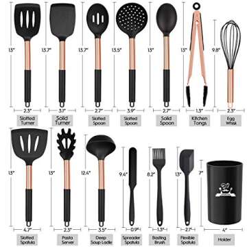 Silicone Cooking Utensil Set, 14pcs Kitchen Utensils Set Non-stick Heat Resistant Cookware Copper St...