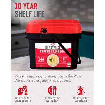 READYWISE - Powdered Eggs Bucket, 144 Servings, Emergency, MRE Food Supply, Premade, Freeze Dried Survival Food for Hiking, Adventure & Camping Essentials, Individually Packaged, 25 Year Shelf Life