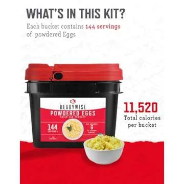 READYWISE - Powdered Eggs Bucket, 144 Servings, Emergency, MRE Food Supply, Premade, Freeze Dried Survival Food for Hiking, Adventure & Camping Essentials, Individually Packaged, 25 Year Shelf Life