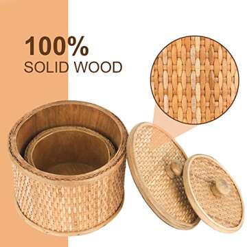 HUAXIN CRAFT H Rattan Round Decorative Box with Lid, Set of 2(Natural 7 inches and 5inches Diameter), Bohemian Wood Box For Storage.