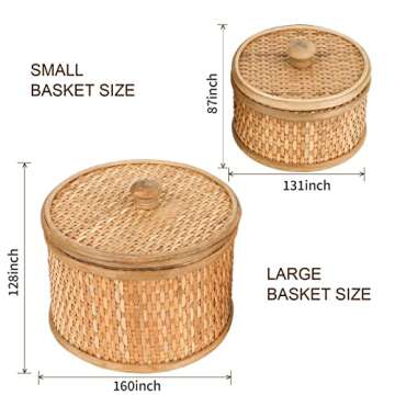 HUAXIN CRAFT H Rattan Round Decorative Box with Lid, Set of 2(Natural 7 inches and 5inches Diameter), Bohemian Wood Box For Storage.
