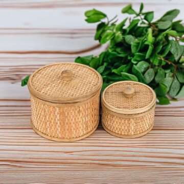 HUAXIN CRAFT H Rattan Round Decorative Box with Lid, Set of 2(Natural 7 inches and 5inches Diameter), Bohemian Wood Box For Storage.