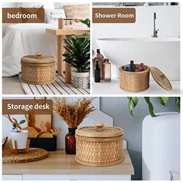 HUAXIN CRAFT H Rattan Round Decorative Box with Lid, Set of 2(Natural 7 inches and 5inches Diameter), Bohemian Wood Box For Storage.