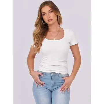ANRABESS Women's Short Sleeve Tops Casual Scoop Neck Ribbed Knit Slim Fitted Basic Tee Shirts 2025 Summer Trendy Outfits White Small