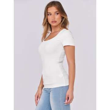 ANRABESS Women's Short Sleeve Tops Casual Scoop Neck Ribbed Knit Slim Fitted Basic Tee Shirts 2025 Summer Trendy Outfits White Small