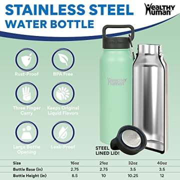 Healthy Human Stainless Steel Water Bottle | Double Walled Vacuum Insulated Water Thermos for Adults | Eco-Friendly Travel Bottles with Leak Proof Lid (Seamist, 16 oz/ 473 ML)