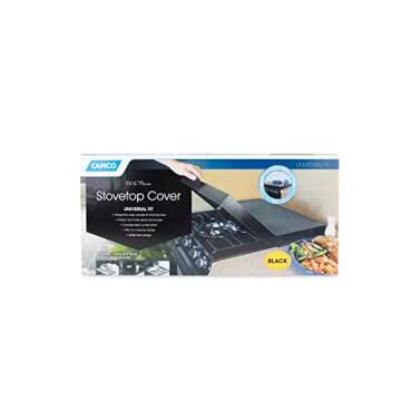 Camco Camper/RV Stove Top Cover | Features Hinged Design for Easy Access to Front Burners & Fits Most 3 or 4 Burner RV/Boat Stoves | Crafted of 20-Gauge Steel w/Powder-Coated Finish | Black (43554)