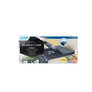 Camco Camper/RV Stove Top Cover | Features Hinged Design for Easy Access to Front Burners & Fits Most 3 or 4 Burner RV/Boat Stoves | Crafted of 20-Gauge Steel w/Powder-Coated Finish | Black (43554)