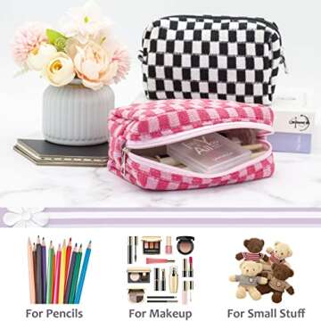 PAZIMIIK Checkered Makeup Bag for Purse Portable Zipper Make Up Pouch Small Cosmetic Case for Travel Accessories (2PCS Blue Hotpink)