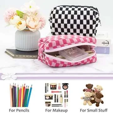 PAZIMIIK Checkered Makeup Bag for Purse Portable Zipper Make Up Pouch Small Cosmetic Case for Travel Accessories (2PCS Blue Hotpink)