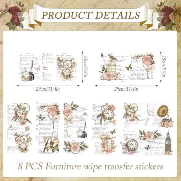 Shejdgart Flower Rub on Transfers for Crafts - 8 Sheets Vintage Floral Furniture Decals Butterfly Cl...