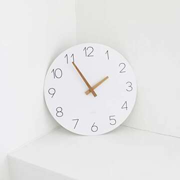 mooas Flatwood Wall Clock, 12" Wood Non-Ticking Sweep Movement Decorative Battery Operated Wall Cloc...