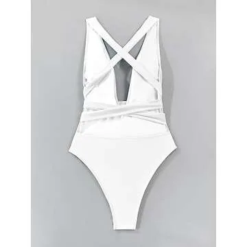 Lilosy Sexy Lace Up Plunge Neck Backless High Waisted Low Cut Leg Rise Thong Cheeky Brazilian 1 Piece Bikini Swimsuit Women Back Bathing Suit Tie Criss Cross Monokini Bride White Medium