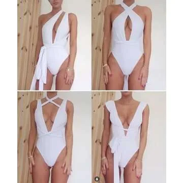 Lilosy Sexy Lace Up Plunge Neck Backless High Waisted Low Cut Leg Rise Thong Cheeky Brazilian 1 Piece Bikini Swimsuit Women Back Bathing Suit Tie Criss Cross Monokini Bride White Medium