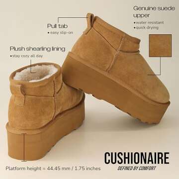 CUSHIONAIRE Hippy Women’s Platform Ankle Boots – Genuine Suede, Faux Fur Lining, Cozy Winter Slip-On Design boots for women, TAUPE 8W