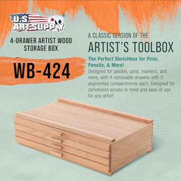 U.S. Art Supply 4-Drawer Artist Wood Pastel, Pen, Marker Storage Box - Elm Hardwood Construction, 5 ...