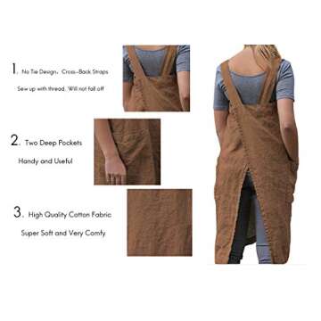 Women’s Pinafore Square Apron Baking Cooking Gardening Works Cross Back Cotton/Linen Blend Dress with 2 Pockets