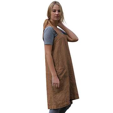 Women’s Pinafore Square Apron Baking Cooking Gardening Works Cross Back Cotton/Linen Blend Dress with 2 Pockets