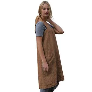 Women’s Pinafore Square Apron Baking Cooking Gardening Works Cross Back Cotton/Linen Blend Dress with 2 Pockets