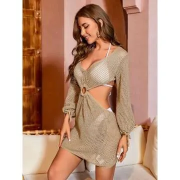 Floerns Women's Cover Up Knitted Hollow Out Tie Back Bikini Swimsuit Beach Dress Coffee Brown S