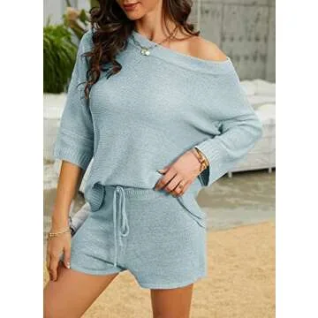 Mafulus Women's 2 Piece Outfits Sweater Sets Off Shoulder Knit Top Shorts Matching Suits Cute Pajama Lounge Set