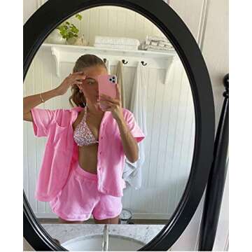 Women's Fleece Short Sleeve Button Down Collar Shorts Two Piece Pajama Set Nightwear Sleepwear Beachwear Rose