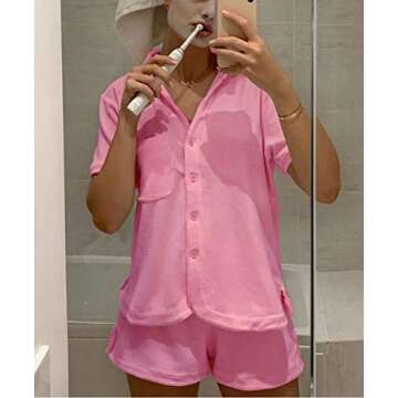 Women's Fleece Short Sleeve Button Down Collar Shorts Two Piece Pajama Set Nightwear Sleepwear Beachwear Rose