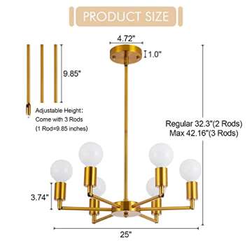SHANSRUI 6 Lights Sputnik Chandelier Modern Gold Bronze Pendant Light Brushed Brass Chandeliers Mid Century Semi Flush Mount Ceiling Light Fixture for Foyer Dining Room Bedroom Kitchen Island E26