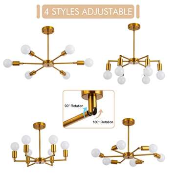 SHANSRUI 6 Lights Sputnik Chandelier Modern Gold Bronze Pendant Light Brushed Brass Chandeliers Mid Century Semi Flush Mount Ceiling Light Fixture for Foyer Dining Room Bedroom Kitchen Island E26