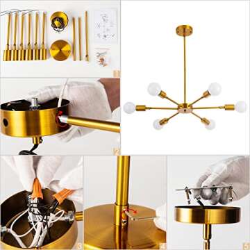 SHANSRUI 6 Lights Sputnik Chandelier Modern Gold Bronze Pendant Light Brushed Brass Chandeliers Mid Century Semi Flush Mount Ceiling Light Fixture for Foyer Dining Room Bedroom Kitchen Island E26