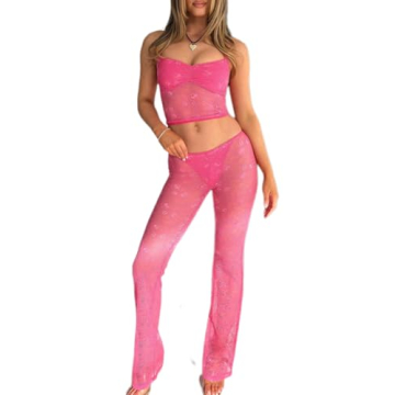 ksotutm Elegant Sexy Lace 2 Piece Set for Women - Halter Neck & Low Rise Pants