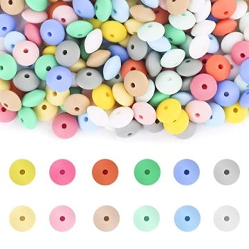 120Pcs Silicone Abacus Beads Bulk - 12mm Shaped Lentil Silicon Beads 12 Colors for Keychain Making, ...
