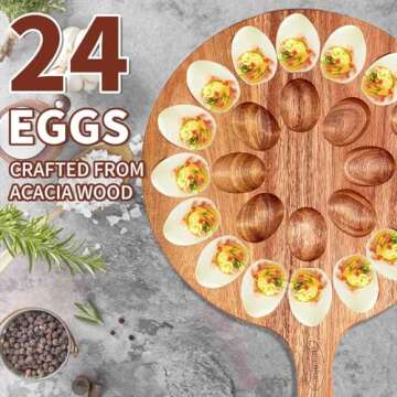 Acacia Wood Deviled Egg Platter,24 Holes Deviled Egg Tray.Round Deviled Egg Holder for Deviled Eggs....