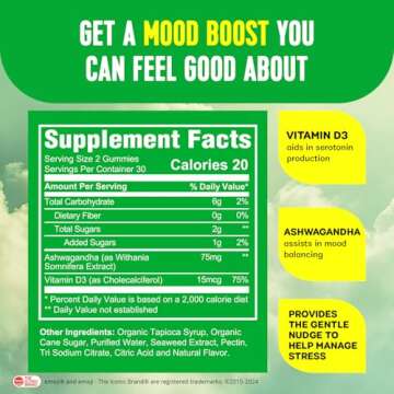 HEARTY Mood Support Supplement Gummies, Organic Ashwagandha Gummies for Women & Men, Mood Gummies for Kids, Chewable Vitamin D Gummy, Vegan Vitamin D3 Energy Supplements, 60 Count